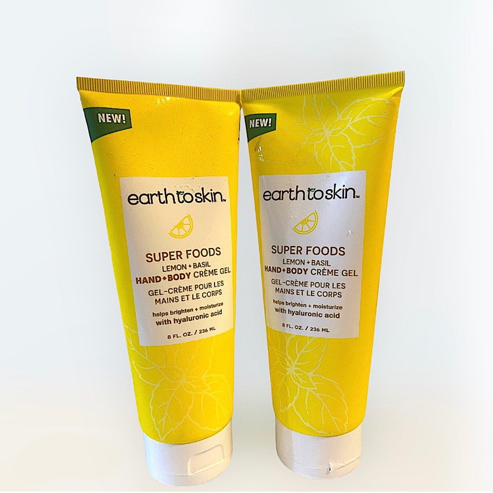 New Set of 2 8oz Earth To Skin Super Foods Lemon + Basil Hand & Body Cream